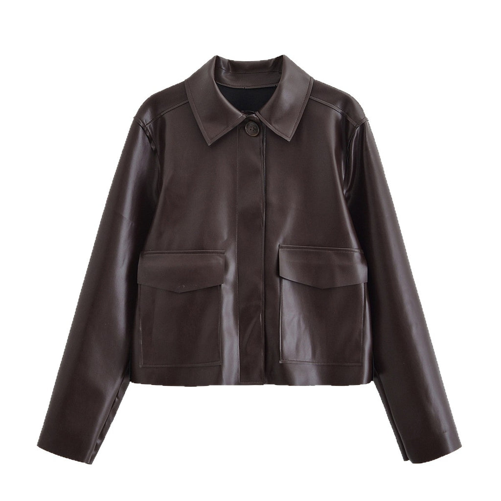 Women Short Boxy Leather-Look Jacket with Flap Pockets and Shirt Collar Fashion Glam