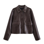 Women Short Boxy Leather-Look Jacket with Flap Pockets and Shirt Collar Fashion Glam