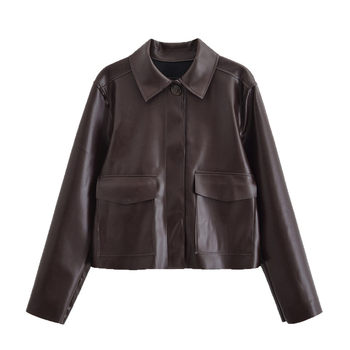 Women Short Boxy Leather-Look Jacket with Flap Pockets and Shirt Collar Fashion Glam