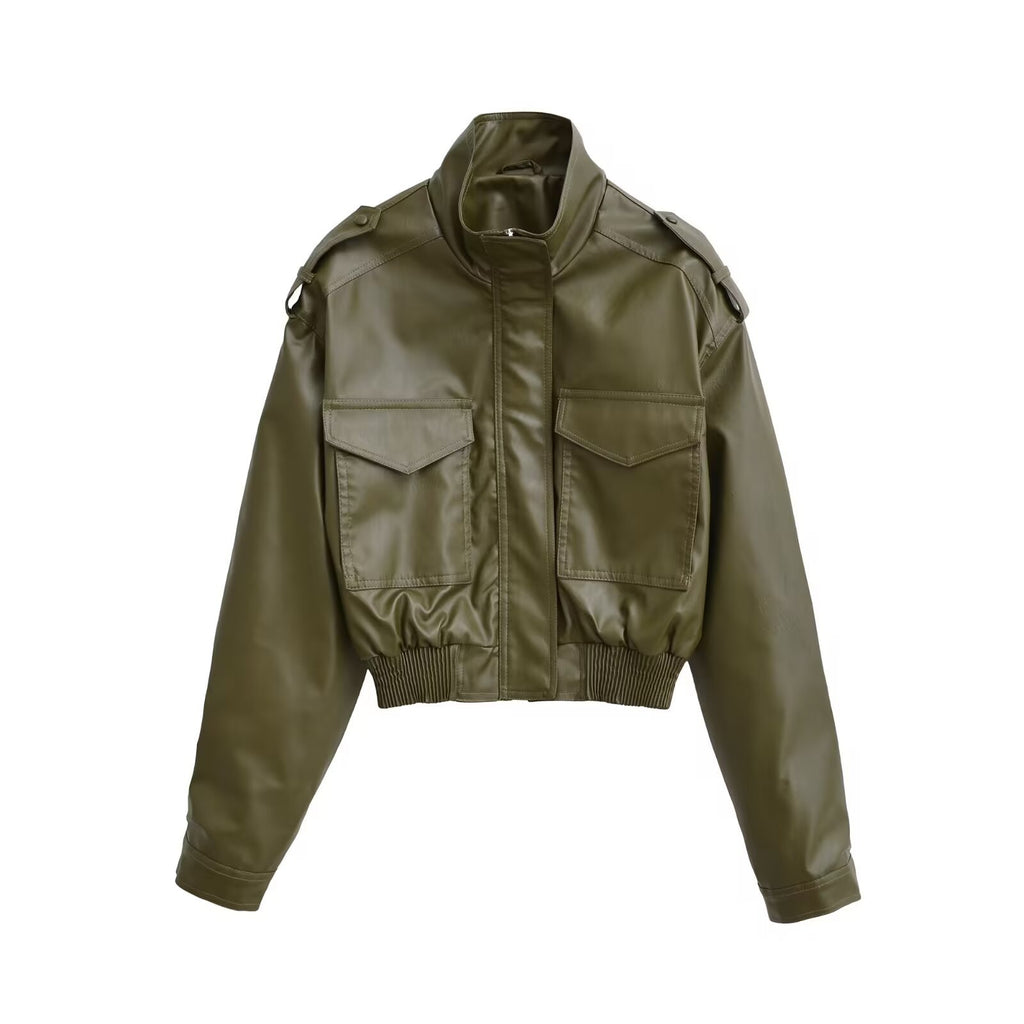 Women's Short PU Leather Bomber Jacket with High Stand-Up Collar, Flap Pockets and Shoulder Epaulettes Fashion Glam