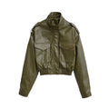 Women's Short PU Leather Bomber Jacket with High Stand-Up Collar, Flap Pockets and Shoulder Epaulettes Fashion Glam