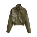 Women's Short PU Leather Bomber Jacket with High Stand-Up Collar, Flap Pockets and Shoulder Epaulettes Fashion Glam