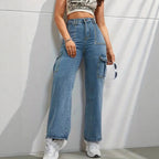 Women high-waisted wide cargo jeans with patch pockets and straight leg Fashion Glam