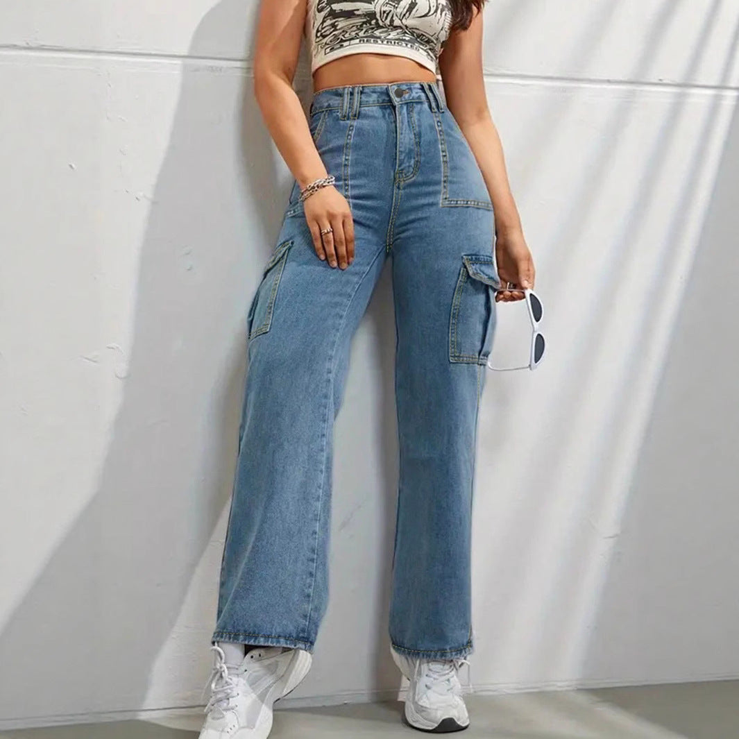 Women high-waisted wide cargo jeans with patch pockets and straight leg Fashion Glam