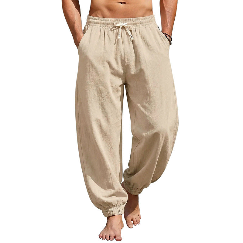 Men's relaxed harem pants made of linen blend with elastic tunnel drawstring waistband and gathered ankle cuffs Fashion Glam