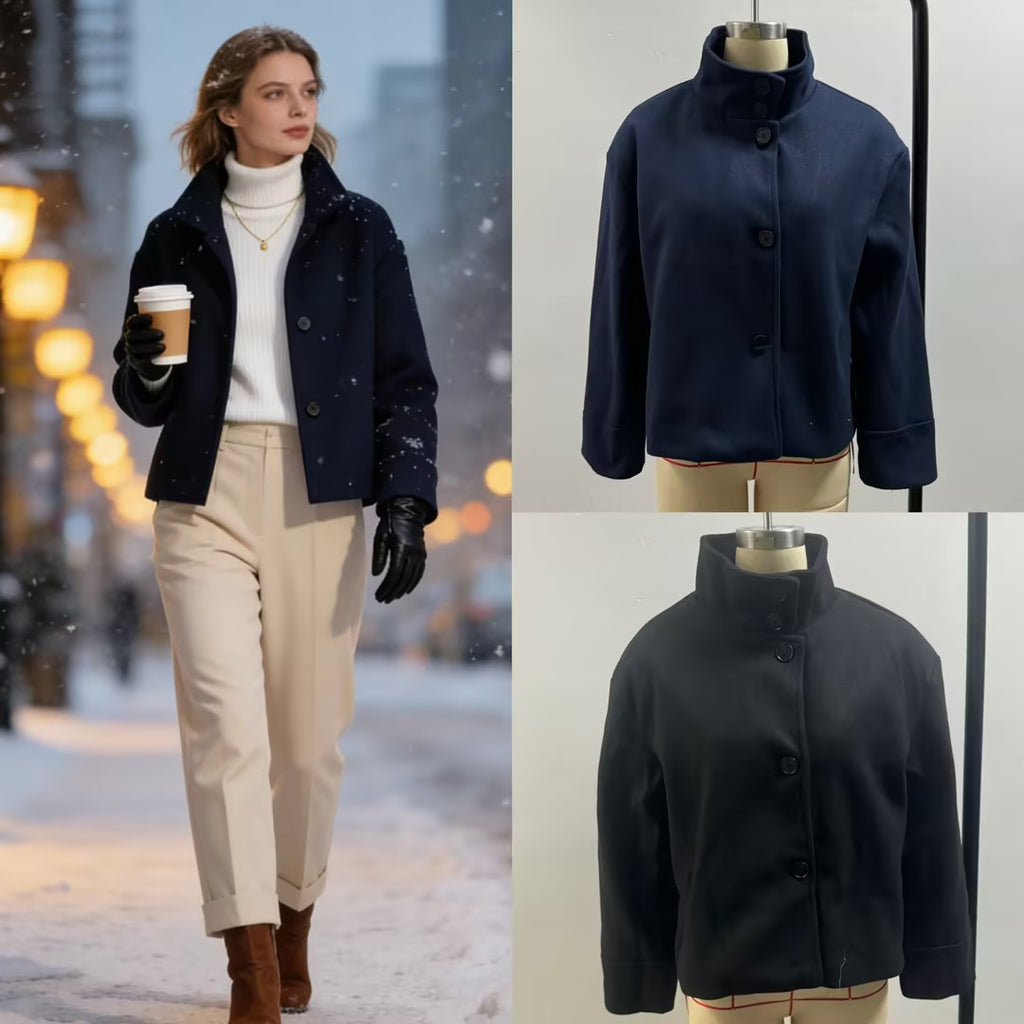 Women's Boxy Short Jacket with High Stand Collar and Concealed Button Placket Fashion Glam