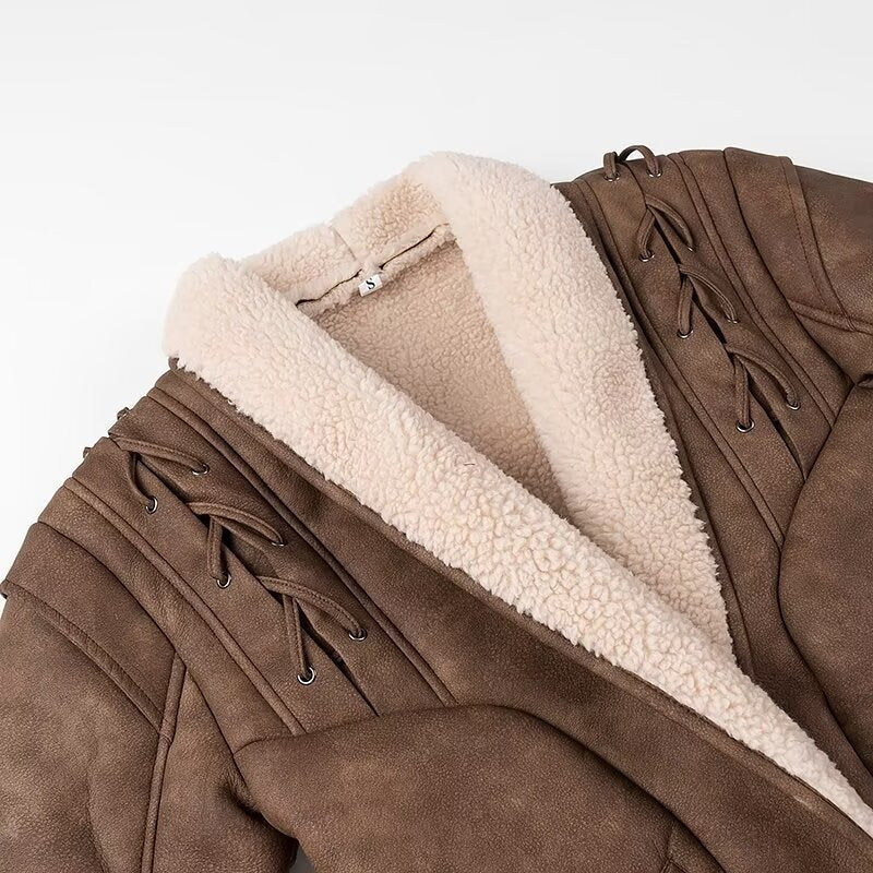 Ladies Padded Short Jacket in Aviator Look with Teddy Lining and Waist Belt Fashion Glam