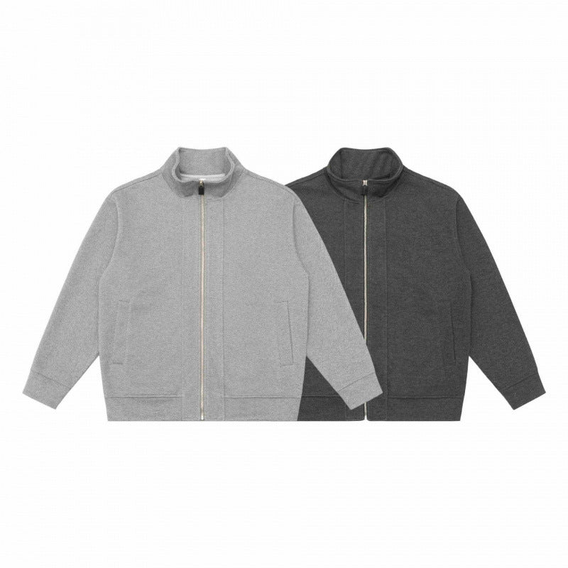 Unisex Boxy-Fleece-Zip Jacket with Stand-Up Collar and Inseam Pockets Fashion Glam