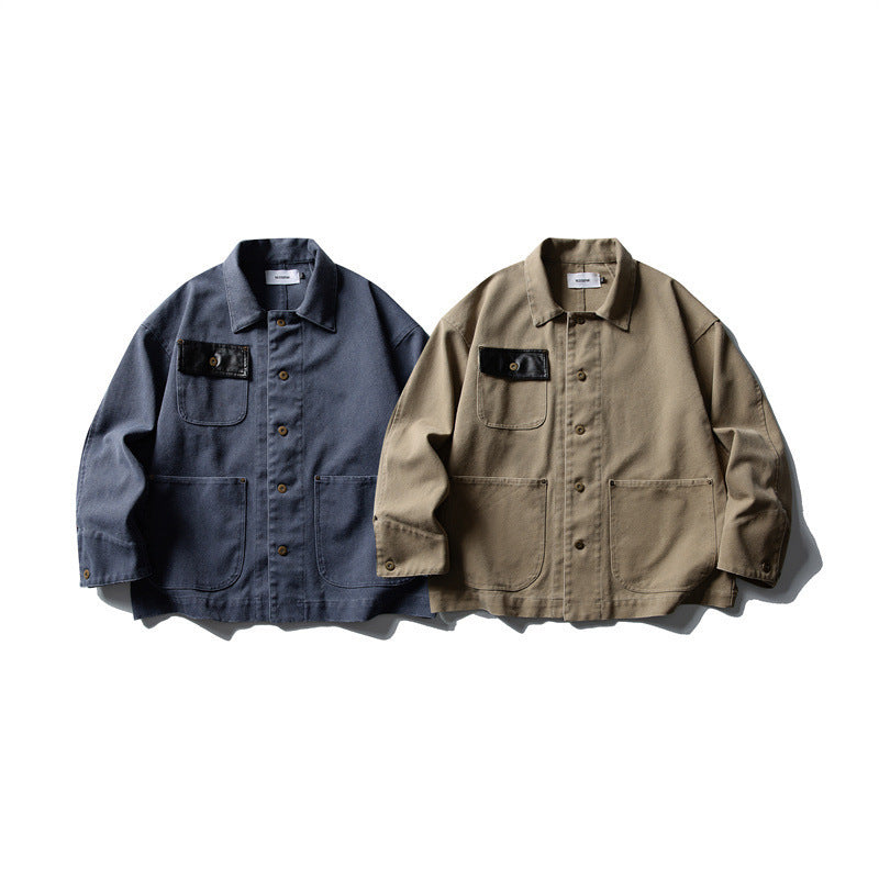 Unisex Boxy-Canvas-Worker-overshirt jacket with leather patch and patch pockets Fashion Glam