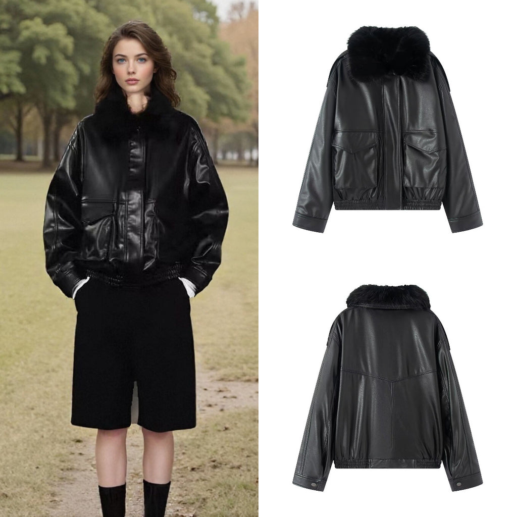 Ladies Oversized Faux Leather Bomber Jacket with Cozy Faux Fur Collar and Applied Flap Pockets Fashion Glam