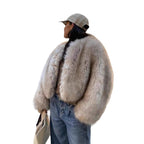 Women's short jacket made of luxurious high-pile faux fur with a boxy silhouette and voluminous sleeves Fashion Glam
