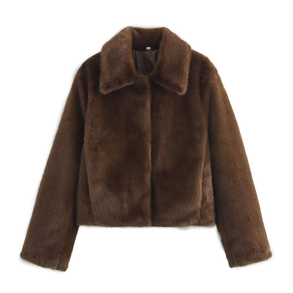 Women's Short Boxy Faux Fur Blouson with Classic Lapel Collar and Silky Lining Fashion Glam