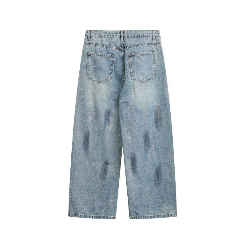 Unisex Wide Cropped Jeans in Used Look with High Waist and Paint Effect Fashion Glam