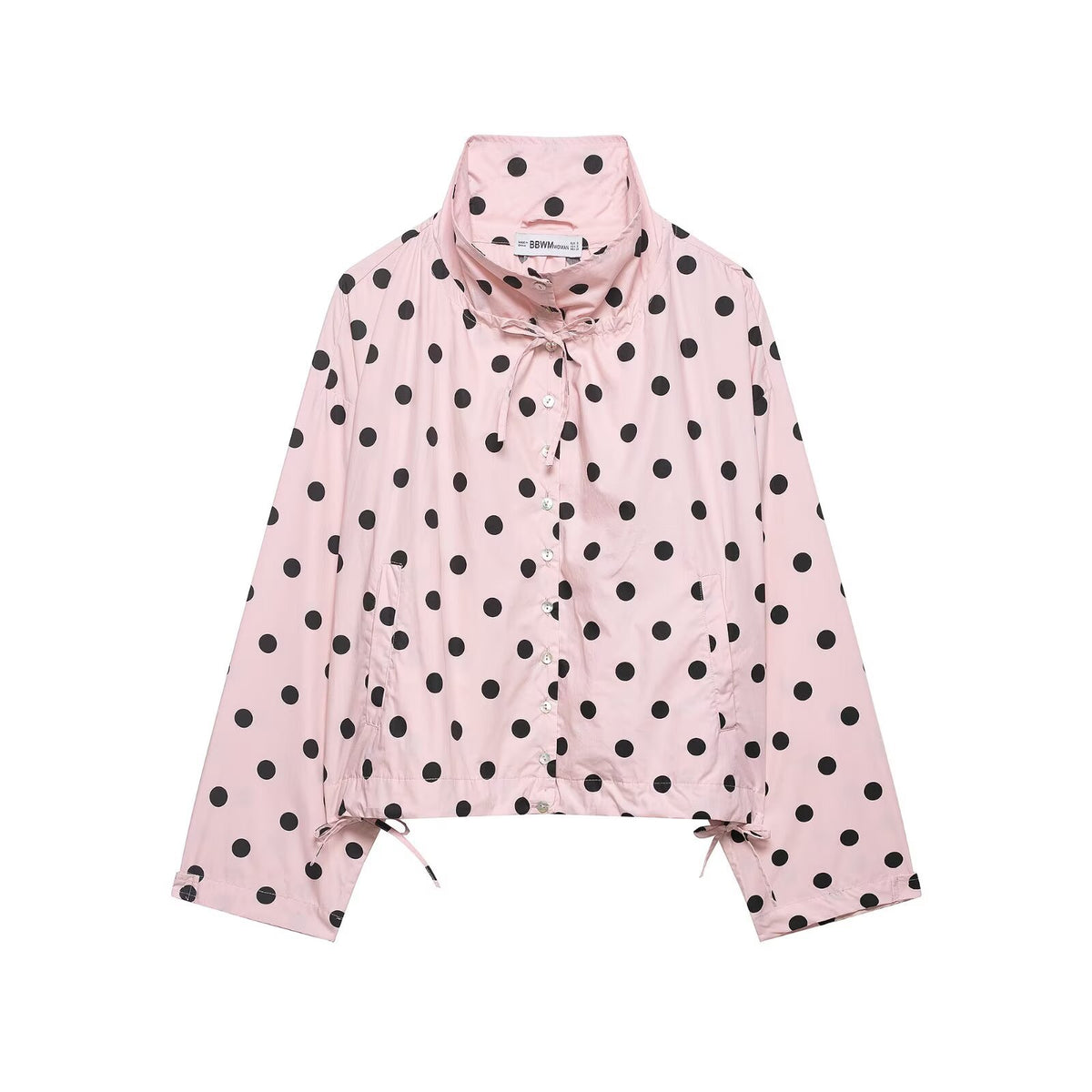 Women's Lightweight Polka Dot Windbreaker with Stand Collar, Drawstring and Button Placket Fashion Glam
