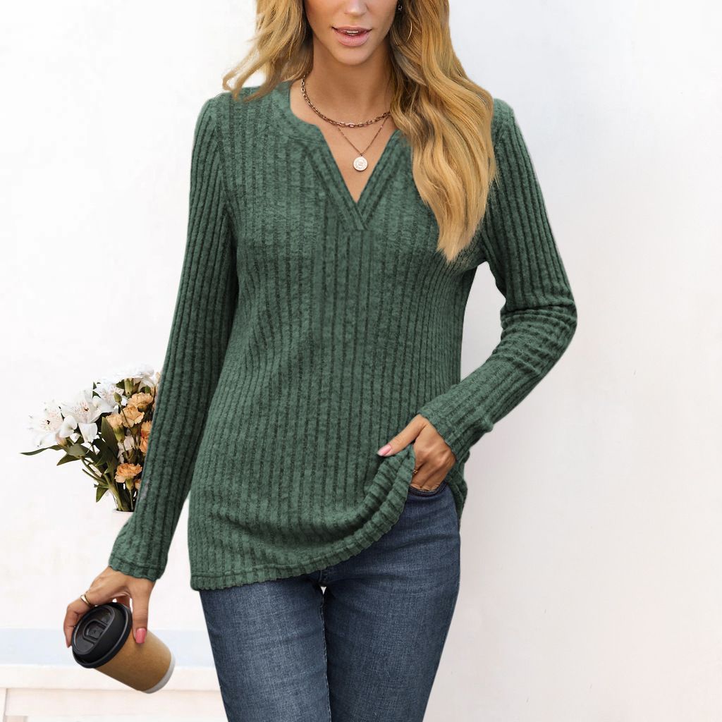 Ladies fine ribbed knit shirt with deep V-neck and tunic length Fashion Glam