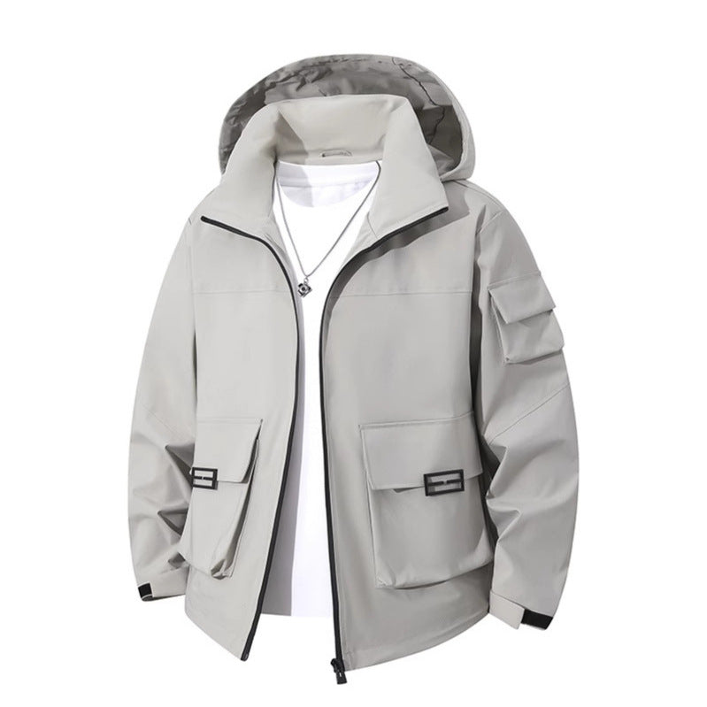 Men's Technical Utility Hooded Jacket with Multiple Flap Pockets and Wind-Resistant Softshell Fashion Glam