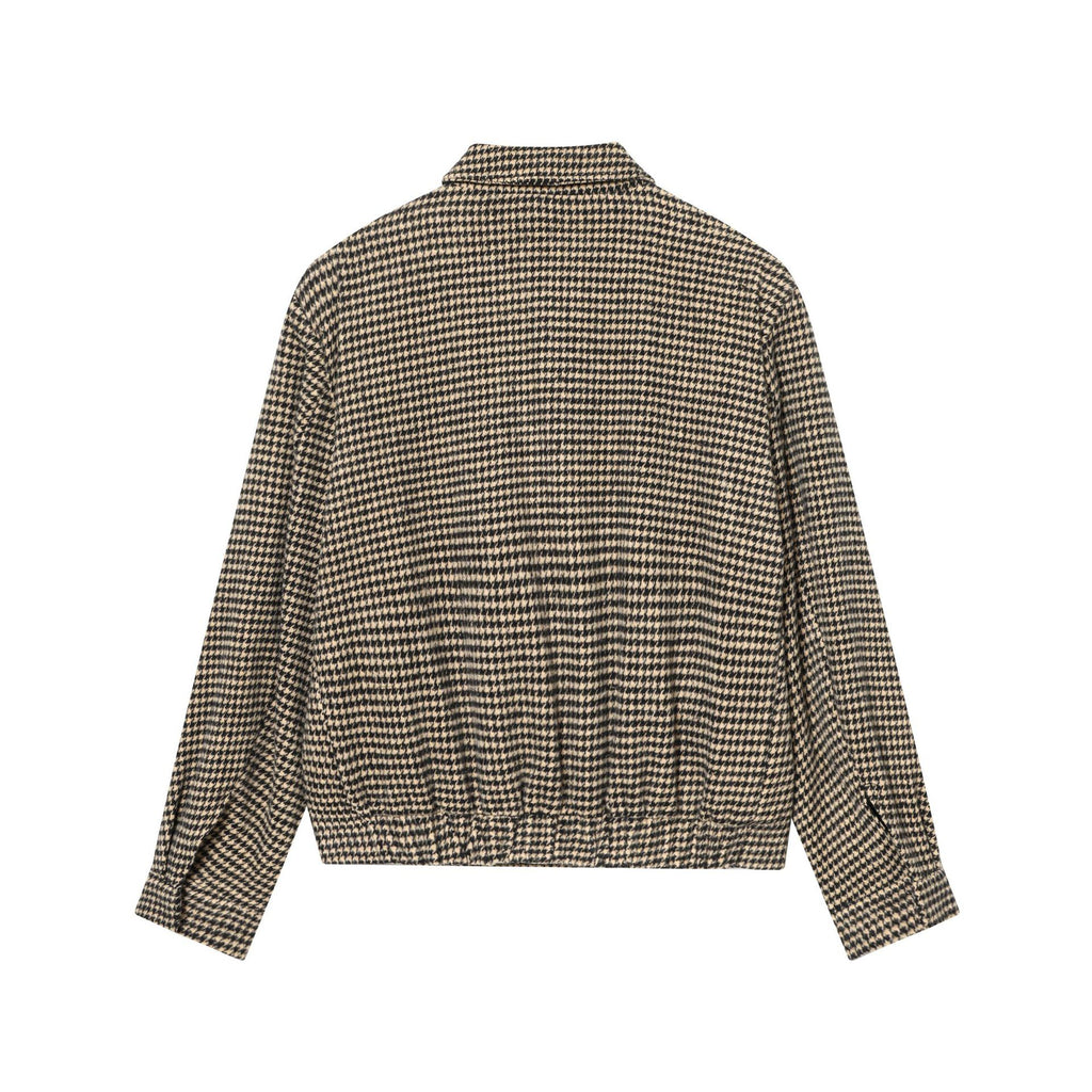 Women Boxy Short Jacket made of Wool Blend with Houndstooth Pattern, Zipper and Shirt Collar Fashion Glam