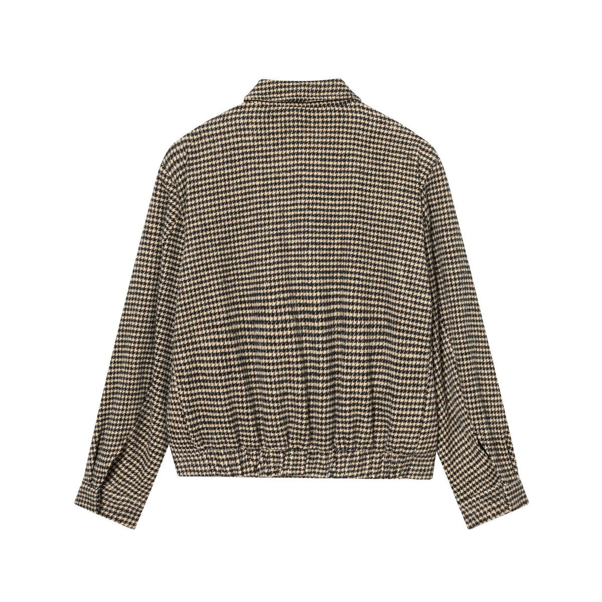 Women Boxy Short Jacket made of Wool Blend with Houndstooth Pattern, Zipper and Shirt Collar Fashion Glam