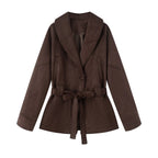 Ladies short coat in kimono style made of velour look with wide shawl collar and waist belt Fashion Glam