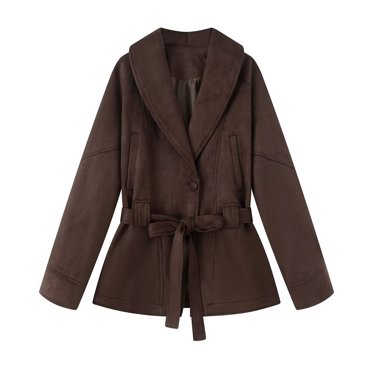 Ladies short coat in kimono style made of velour look with wide shawl collar and waist belt Fashion Glam