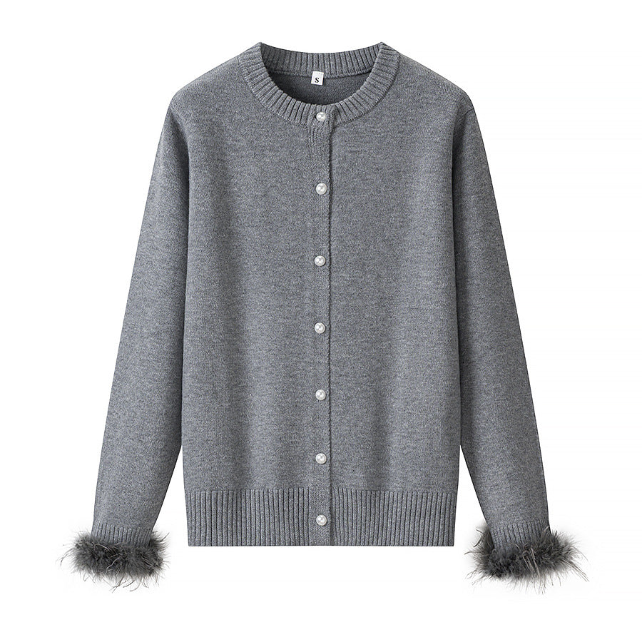 Women's Knit Cardigan with Pearl Buttons and Luxurious Faux Fur Cuffs Fashion Glam