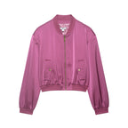 Women's cropped satin bomber jacket with ribbed hem and applied flap pockets Fashion Glam