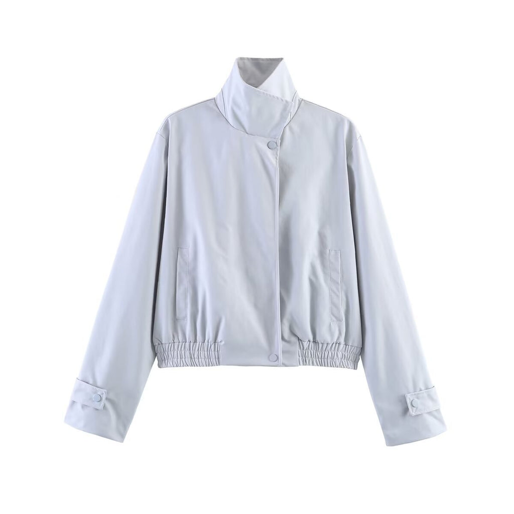 Women's short cut boxy blouse jacket with high stand-up collar, snap button placket, and elastic hem Fashion Glam