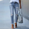 Ladies Casual Cropped Jeans with Distressed Destroy Design, High Waist and Asymmetrical Fringed Hem Fashion Glam