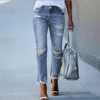 Ladies Casual Cropped Jeans with Distressed Destroy Design, High Waist and Asymmetrical Fringed Hem Fashion Glam
