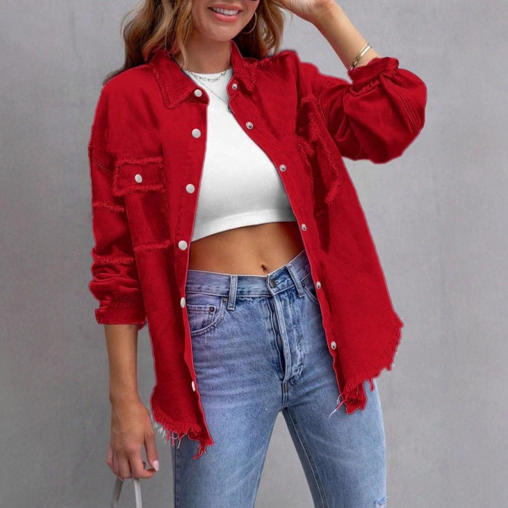 Women Casual Oversized Denim Shirt Jacket with Raw Hem and Patch Pockets Fashion Glam