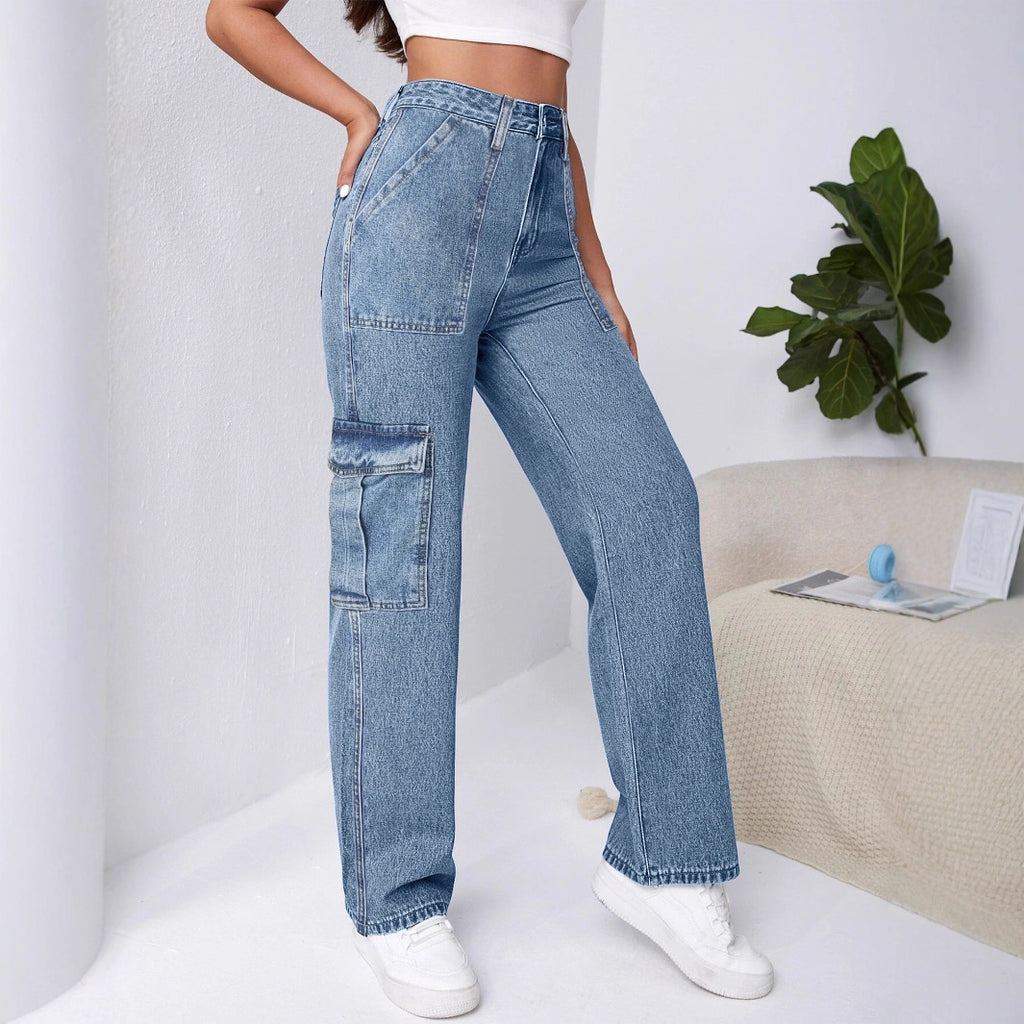 Women High-Waisted Cargo Wide Jeans with Patch Pockets and Elastic Hem Fashion Glam