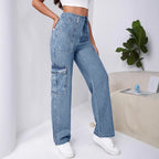 Women High-Waisted Cargo Wide Jeans with Patch Pockets and Elastic Hem Fashion Glam