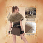 Women Viking-inspired fantasy costume with faux fur shoulder cape, waist belt, and leather bag Fashion Glam