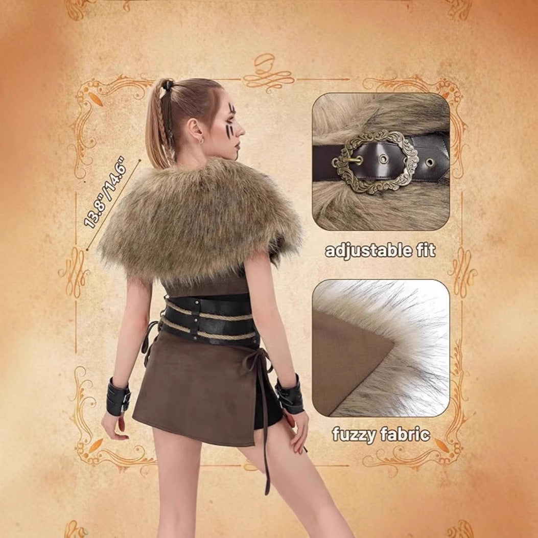 Women Viking-inspired fantasy costume with faux fur shoulder cape, waist belt, and leather bag Fashion Glam