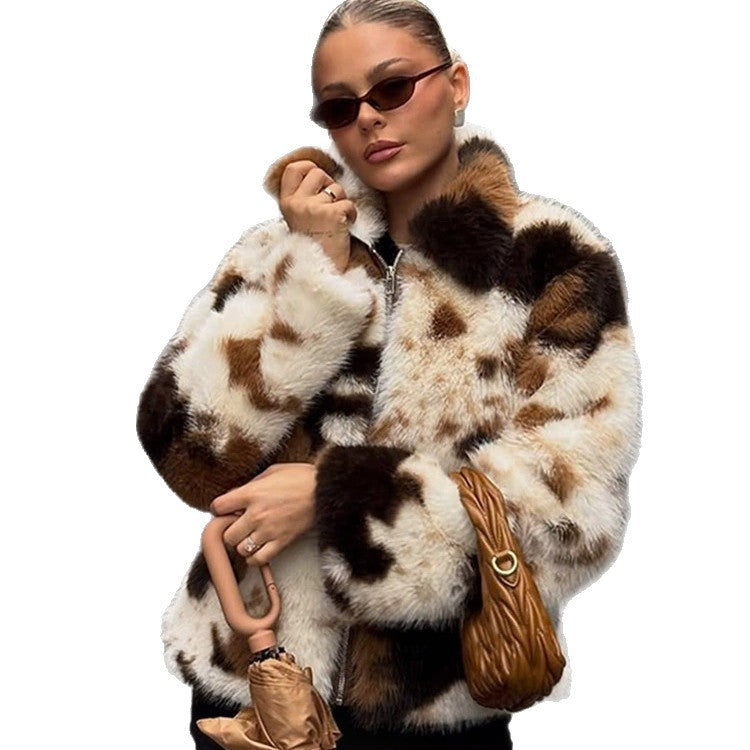 Women's Short Patchwork Faux Fur Jacket with Zipper and Boxy Silhouette Fashion Glam