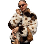 Women's Short Patchwork Faux Fur Jacket with Zipper and Boxy Silhouette Fashion Glam