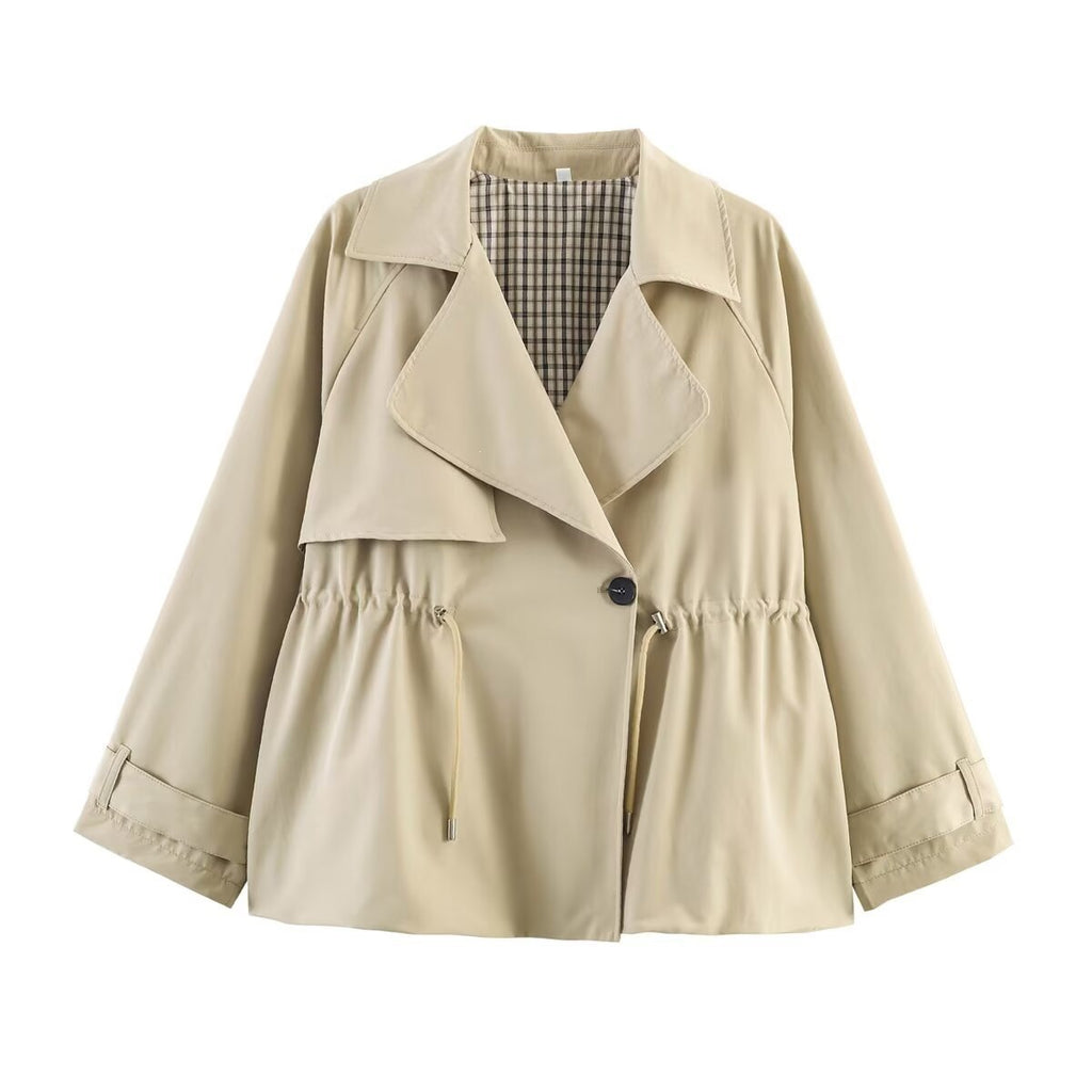 Women's short trench-style jacket with drawstring waist and check lining Fashion Glam