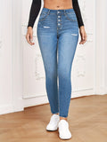 Women's High-Waisted Super Stretch Skinny Jeans with Sculpting V Waistband and Visible Button Placket Fashion Glam