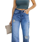 Women high-waisted Relaxed-Straight denim jeans with wide leg and subtle destroy details Fashion Glam