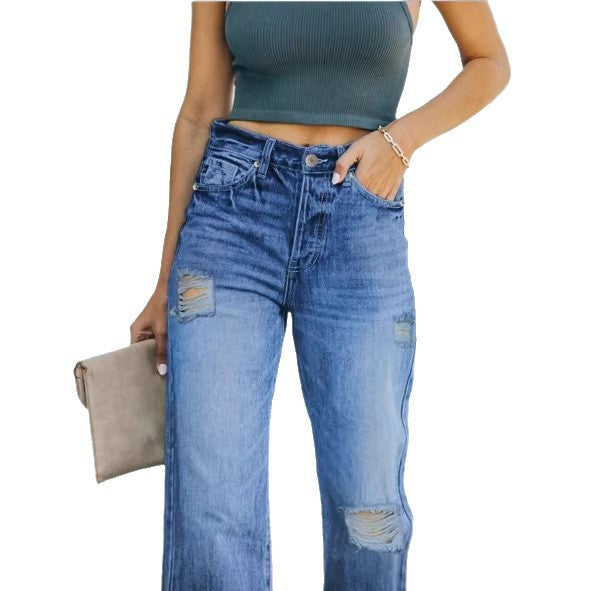 Women high-waisted Relaxed-Straight denim jeans with wide leg and subtle destroy details Fashion Glam