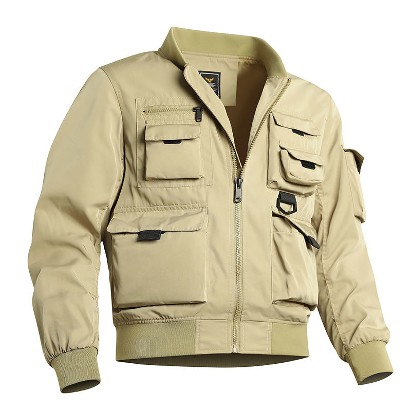 Men's Tactical Bomber Jacket in Field Look with Modular Outer Pockets and Elastic Hem Fashion Glam