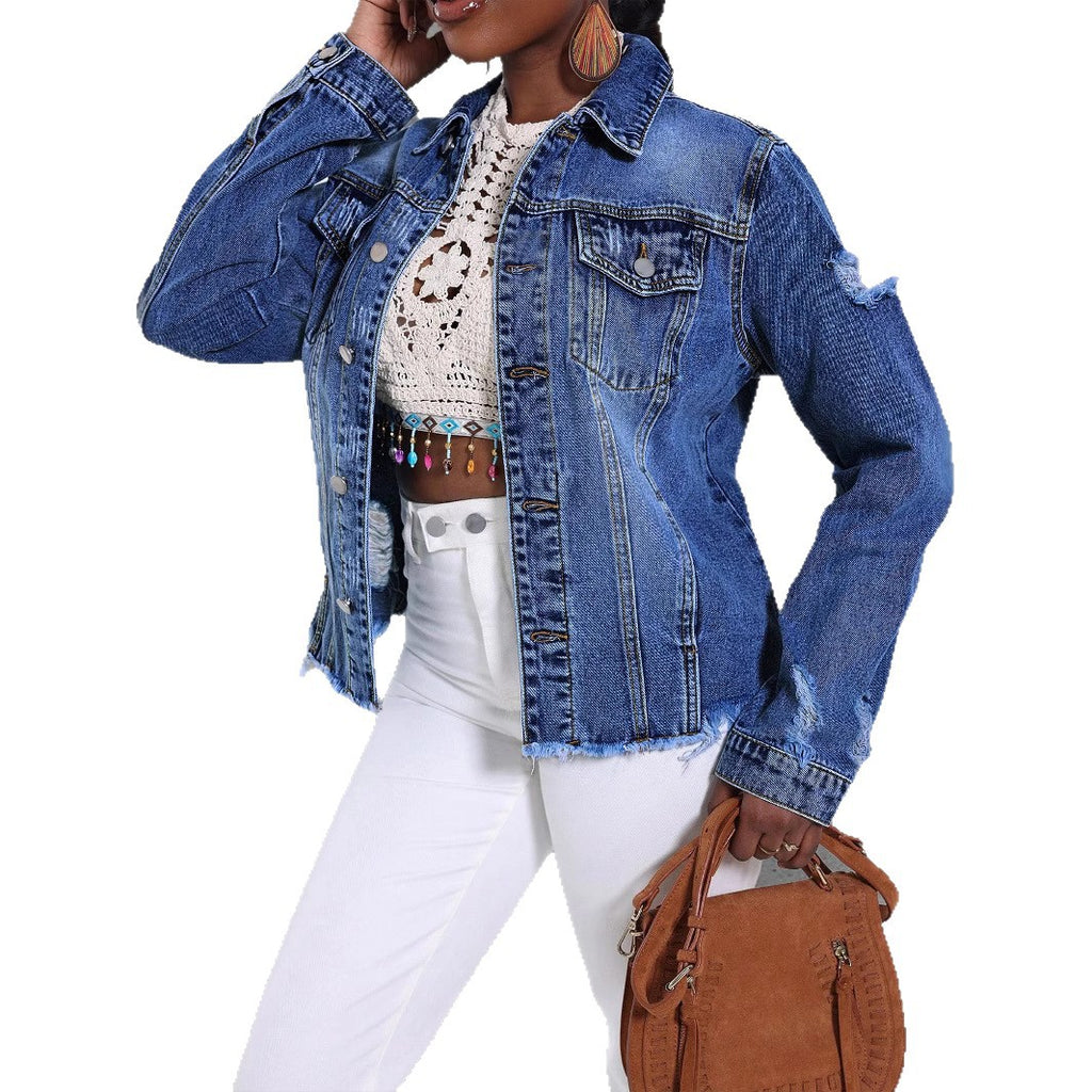 Women's Casual Denim Jacket with Distressed Details, Patch Chest Pockets and Frayed Hem Fashion Glam