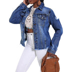 Women's Casual Denim Jacket with Distressed Details, Patch Chest Pockets and Frayed Hem Fashion Glam