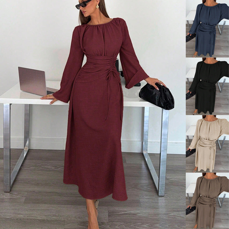 Ladies Max Dress with gathered waist lacing and bell sleeves Fashion Glam