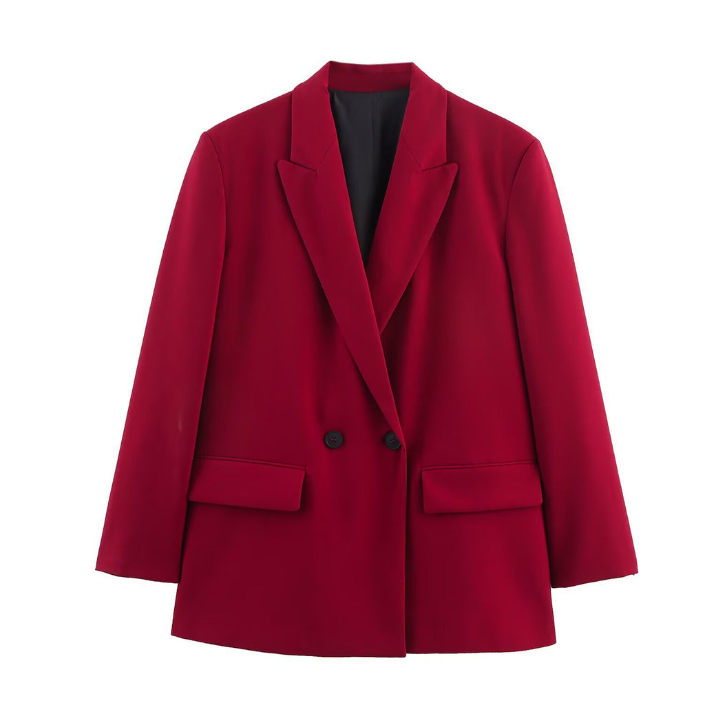 Women's Double-Breasted Blazer with Lapel Collar, Longer Oversized Cut and Flap Pockets Fashion Glam