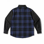 Unisex Boxy Check Mix Overshirt with Denim Sleeves and Chest Patches Fashion Glam