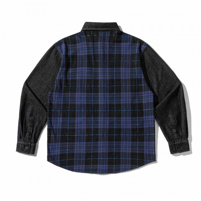 Unisex Boxy Check Mix Overshirt with Denim Sleeves and Chest Patches Fashion Glam