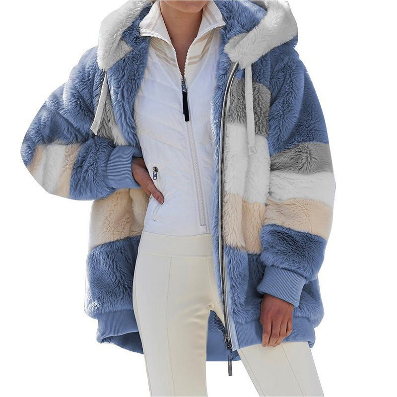 Women's Striped Oversized Teddy Jacket with Hood, Zipper and Ribbed Cuffs Fashion Glam