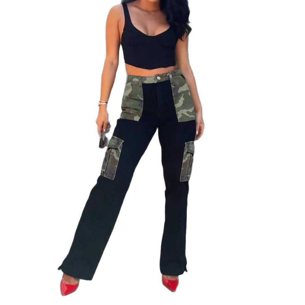Ladies High-Waist Cargo Jeans with Camouflage Inserts and Wide Leg Fashion Glam