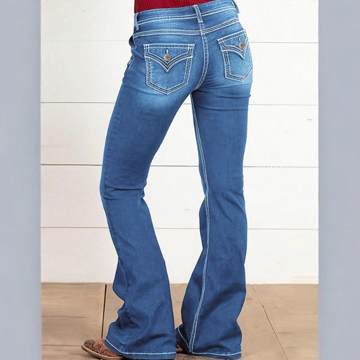 Women's High-Waist Denim Flare Jeans with Side Decorative Button Placket and Sculpting Fit Fashion Glam